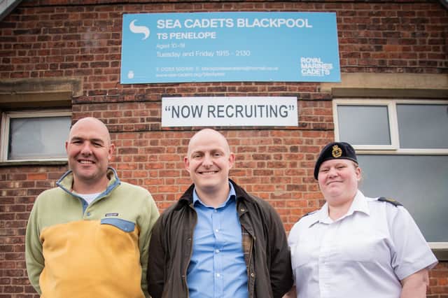 Jamey Brook (left), of City Electrical Factors_ JJ Fitzgerald, MD of Evolution, and Kay Jackson, Chief Petty Officer of Blackpool Sea Cadets outside the revamped base at Devonshire Road, Bispham, Blackpool