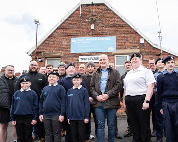 Kay Jackson, Chief Petty Officer of Blackpool Sea Cadets, with sea cadets, JJ Fitzgerald, of Evolution, and representatives from seven companies who helped refurbish the cadets base at Devonshire Road, Bispham