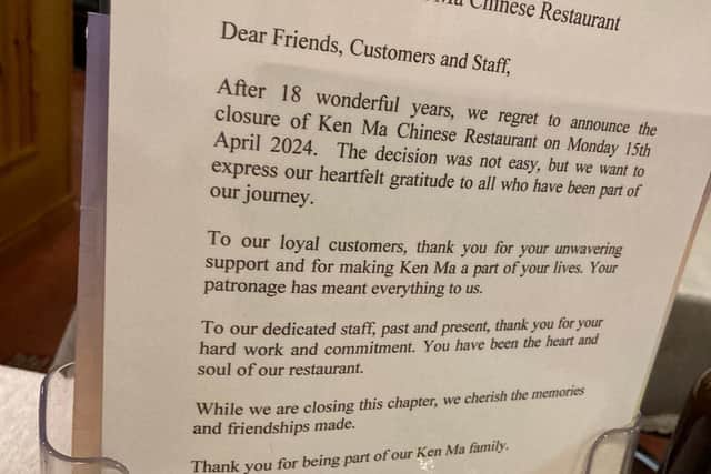 Customers were surprised to find a notice of its imminent closure on their tables at the weekend