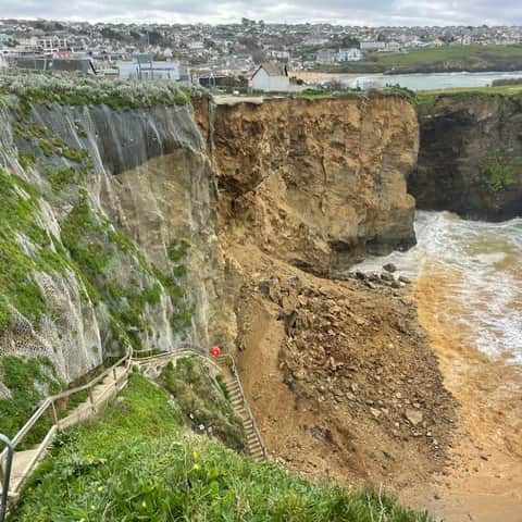 The aftermath of the cliff fall at Whipsiderry Beach, Newquay. Cornwall. 