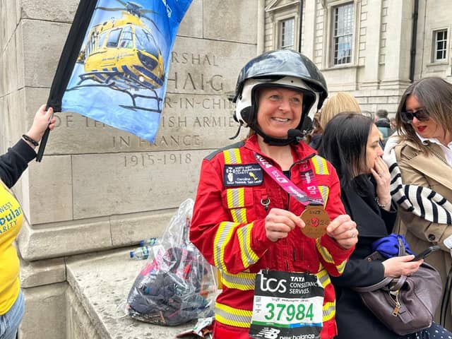 Caroline Duncan from Clitheroe took on the 26.2 miles along with thousands of others on Sunday which she tackled in her full 4kg flight suit.