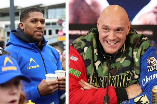 L: Anthony Joshua at the London Marathon 2024. R: Tyson Fury smiles during a press conference ahead of the Undisputed World Heavyweight title fight against Oleksandr Usyk. Credit: Getty