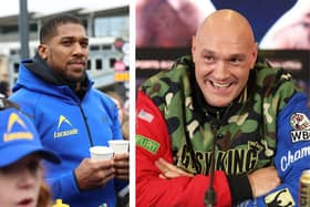 L: Anthony Joshua at the London Marathon 2024. R: Tyson Fury smiles during a press conference ahead of the Undisputed World Heavyweight title fight against Oleksandr Usyk. Credit: Getty