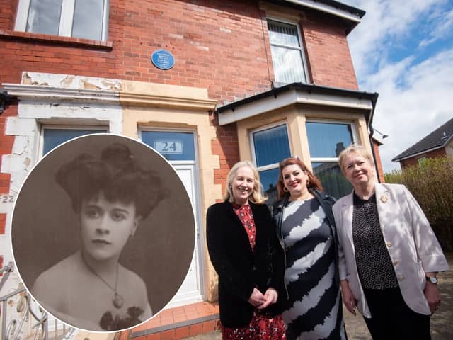 Jodie Prenger unveiled a blue plaque commemorating Blackpool-born music hall performer Victoria Monks. She is pictured with Alison Young and Christine Padwick from the British Music Hall Society