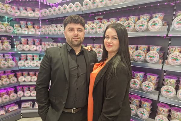 Lenka Slovakova with husband Al at the Krunchee Kandeez shop in Blackpool (Photo: Blackpool Gazette)
