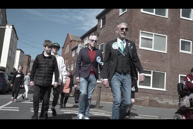 Reform UK's Mark Butcher (right) takes to the streets of Blackpool South in Jay Madden's new video