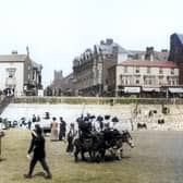This colourised picture shows donkey rides on the beach in front of the old Palatine Hotel (right) and the bottom end of Adelaide Street. On the left is the Royal Hotel in 1898