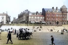 This colourised picture shows donkey rides on the beach in front of the old Palatine Hotel (right) and the bottom end of Adelaide Street. On the left is the Royal Hotel in 1898