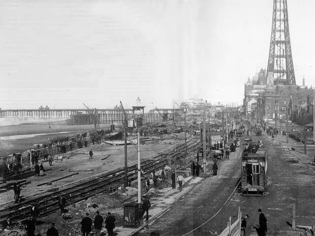 Central Beach as work neared completion on the widening of Blackpool Promenade which began in 1902 and took until 1905. On the right are the houses which became the Golden Mile