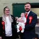 Chris Webb celebrates his win at the Blackpool South by-election with his wife Portia Webb and 11 week old baby Cillian Douglas Webb. Photo: Kelvin Lister-Stuttard