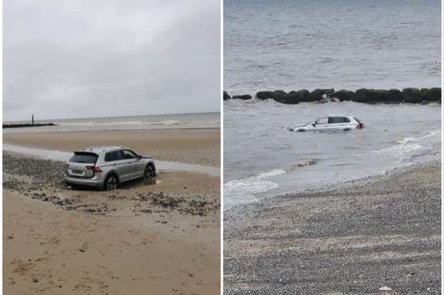 Going, going...gone. The car was left to sink below the waves on Cleveleys beach. Pic credit: Susan Santoro