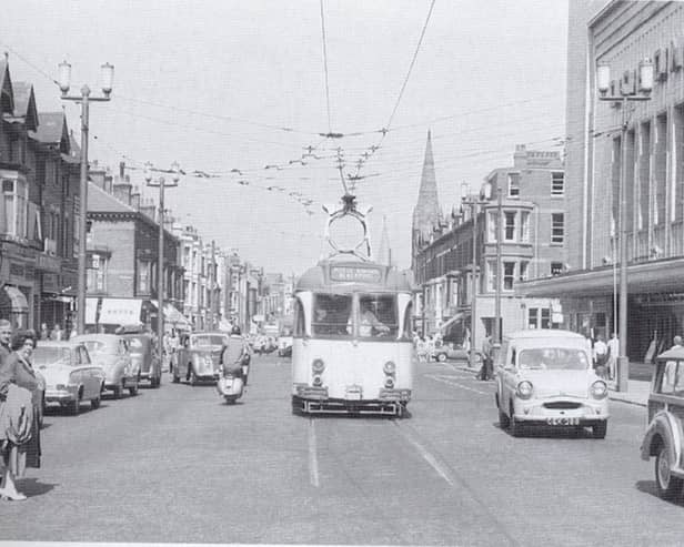 A tram passes the Odeon on Dickson Road Blackpool at Easter 1961. from book by Steve Palmer - Blackpool in the Age of the Tram
