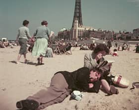 Holidaymakers on the beach in 1955 