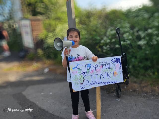 A young protester, seven year old 
Maliha, at the latest Stop the Stink protest in Fleetwood