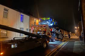 The police car was a wreck after the crash in Wilford Street, Layton on Sunday night. Pic credit: Paul Hodgkinson