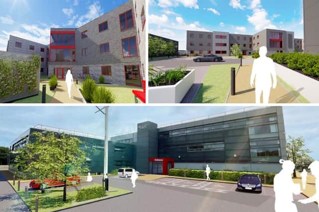 Top two images: the proposed new student block. Bottom: the proposed new site entrance with car parking. Credit: DC & MG Associates
