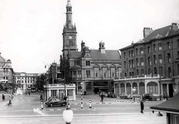 A tram trundles down Clifton Street towards Talbot Square. The fine shelter was still intact, along with the Town Hall spire which was removed in 1966 and the Clifton Hotel is seen on the right