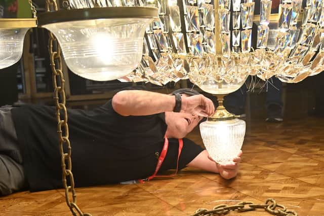 Work on the iconic Winter Gardens chandelier