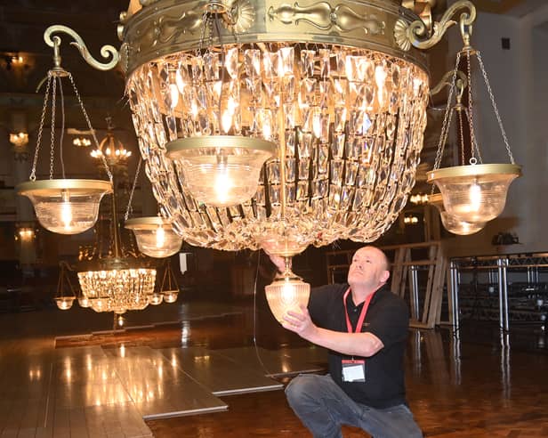 The Winter Gardens’ iconic Empress Ballroom has reached a significant milestone as the final two chandeliers have been winched back into place, ready to light up this year’s spectacular Dance Festival.