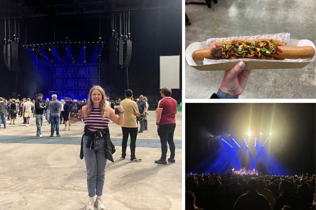 L: Me in the arena with my £13.30 drink and free crisps (that would've cost £4.50). Top right: the hot dog I scoffed before going in. Bottom right: the same space filled with audience members later on.