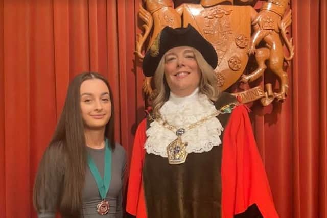 The new Mayor of Wyre for 2024/5, Coun Jane Preston, with new Youth Mayor, Macey Rainbow (left)