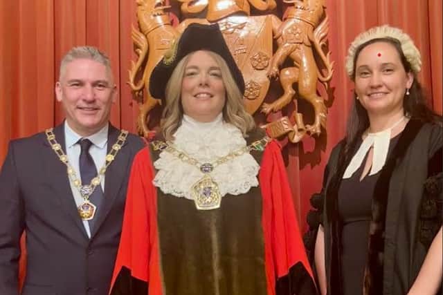 The new Mayor of Wyre for 2024/5, Coun Jane Preston, with husband Steve as mayoral consort and (right) Wyre's Chief Executiver, Rebecca Huddleston