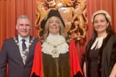 The new Mayor of Wyre for 2024/5, Coun Jane Preston, with husband Steve as mayoral consort and (right) Wyre's Chief Executiver, Rebecca Huddleston