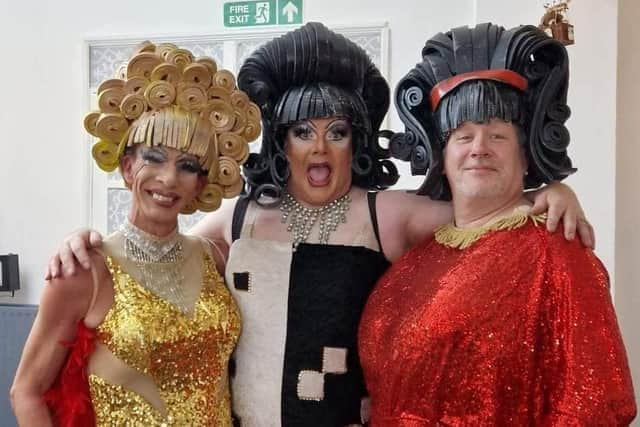 From left; Phil Royle (as drag queen Phylis), Rio Slaney-Sanchez (as Delia) and River Slaney-Sanchez