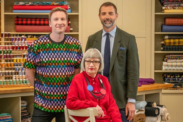 Joe Lycett, Esme Young, Patrick Grant pictured for series seven of The Great British Sewing Bee. Credit: BBC/Love Productions/Mark Bourdi