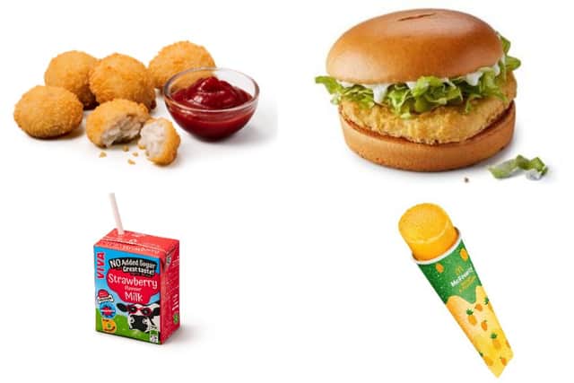 The new items coming to the Happy Meal: Fish Bites, Chicken Mayo, milk (plain, Chocolate, Strawberry or Banana) drink and Orange or Mango & Pineapple McFreezy side.