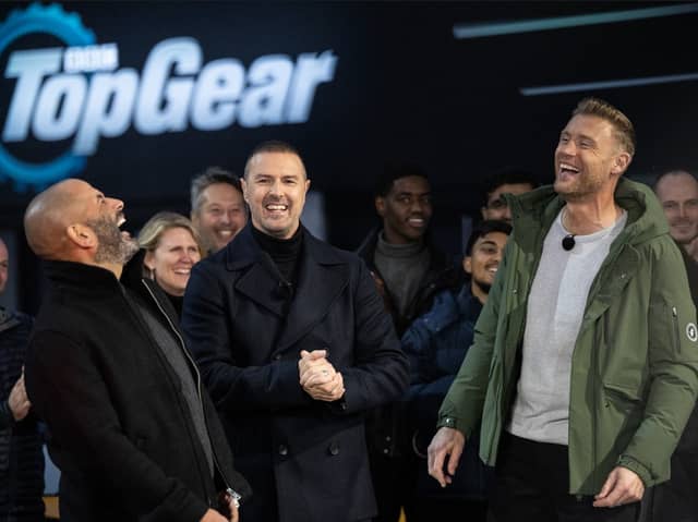Chris Harris, Paddy McGuinness and Freddie Flintoff on the set of Top Gear. Credit: BBC
