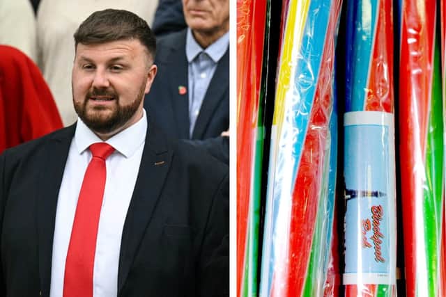 L: Chris Webb, the new Blackpool South MP. Right: Blackpool Rock. Credit: Getty