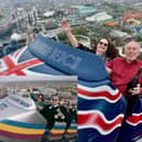 Mark Cook, 61, and Carole Noel, 63, celebrate their 25th wedding anniversary on Blackpool Pleasure Beach's Big One and (inset) back in 1999