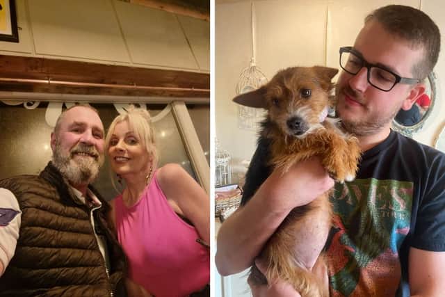 Left: Mark and Janet. Right: One of their son, Harry, with one of their beloved dogs, Suzie