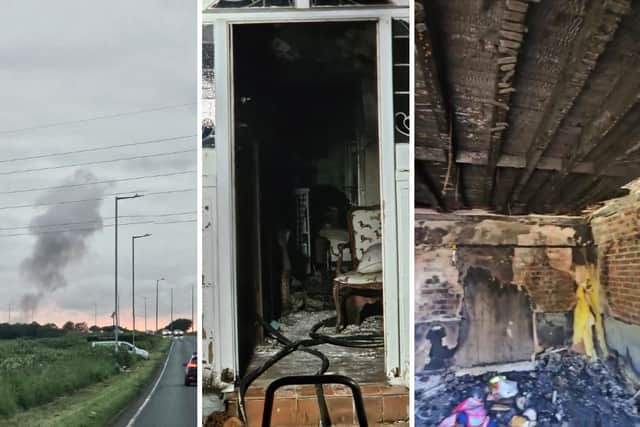 Left image: Smoke from the fire could be seen from Amounderness Way. Two other images: smoke damage to the interior of the home.