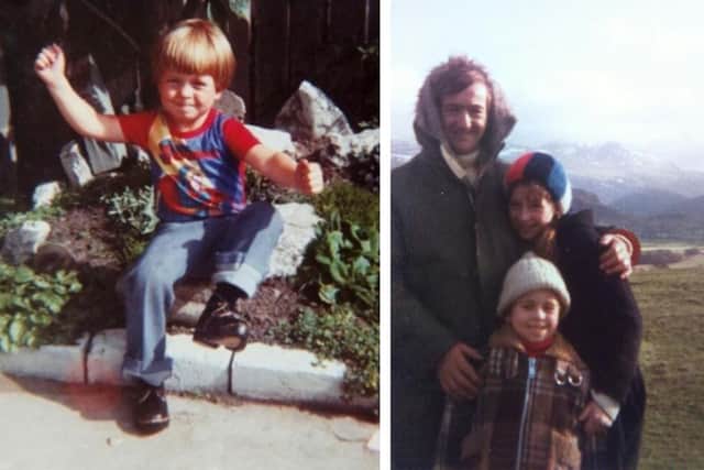 Left: a young Alfie. Right: Alfie pictured with his dad and one of his sisters