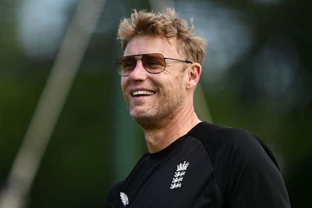 Andrew (Freddie) Flintoff, Coach of England looks on during a net session ahead of the 3rd Vitality IT20 at Sophia Gardens on May 27, 2024 in Cardiff, Wales.  (Photo by Dan Mullan/Getty Images)