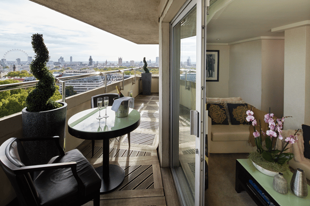 Penthouse suite and balcony at The Cavendish Hotel.