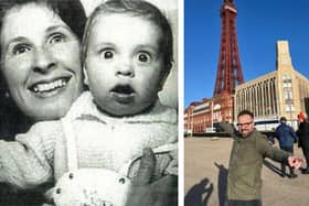 L: Alfie Boe as a baby with his mother. R: A present day photo of him in Blackpool.