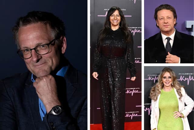 Pictured: Michael Mosley and three celebrities who paid tribute to him (Ranvir Singh, Jamie Oliver & Carol Vorderman). Credit: Getty