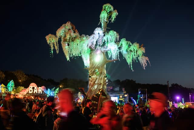 The illuminated artificial tree located in the Greenpeace area of Glastonbury Festival in 2019. (Photo by Leon Neal/Getty Images)
