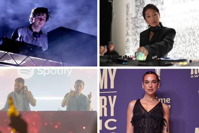 Four of the acts Danny is most looking forward to (top left clockwise): Jamie XX, Peggy Gou, Dua Lipa and Disclosure. Credit: Getty