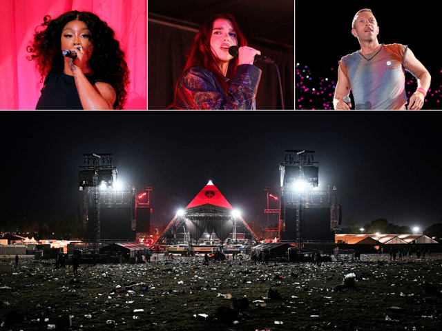 [Top L-R] SZA, Dua Lipa and Coldplay's Chris Martin will be headlining the Pyramid Stage (below) at this year's Glastonbury Festival 2024' but who is playing at what time and who is the secret act on Woodsies Stage on Saturday? (Credit: Getty Images)