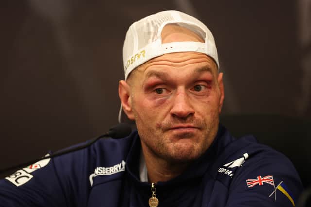 Tyson Fury during a post fight press conference following Usyk defeat on May 18, in Saudi Arabia. (Photo by Richard Pelham/Getty Images)