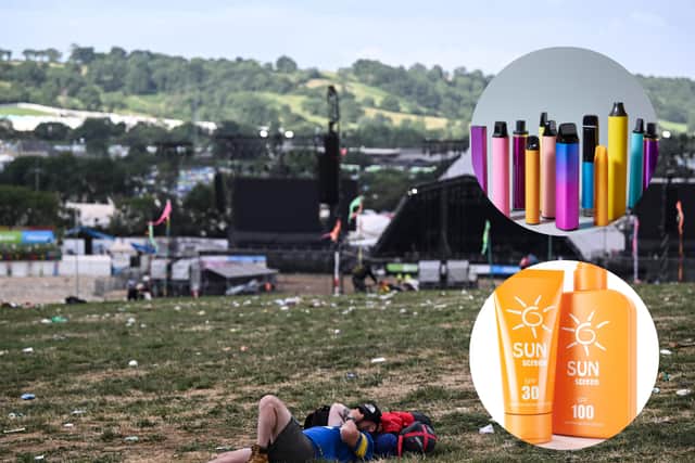 Do bring sunscreen and weather-appropriate clothing but forget about bringing your disposable vapes. What is fine to bring to Glastonbury Festival 2024 and what should you leave at home? (Credit: Getty Images/Canva)
