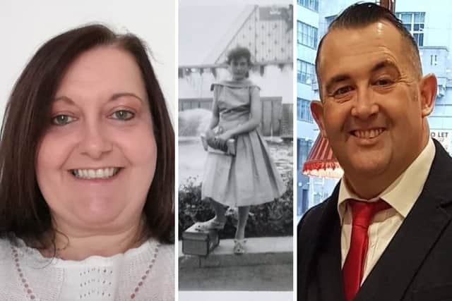 Siblings Stefan Fish and Lorna Harrison alongside a picture of their late mum, Domini Fish.