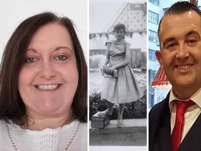 Siblings Stefan Fish and Lorna Harrison alongside a picture of their late mum, Domini Fish.