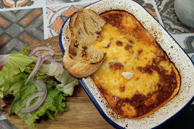 Lasagna and homemade bread at Amore
