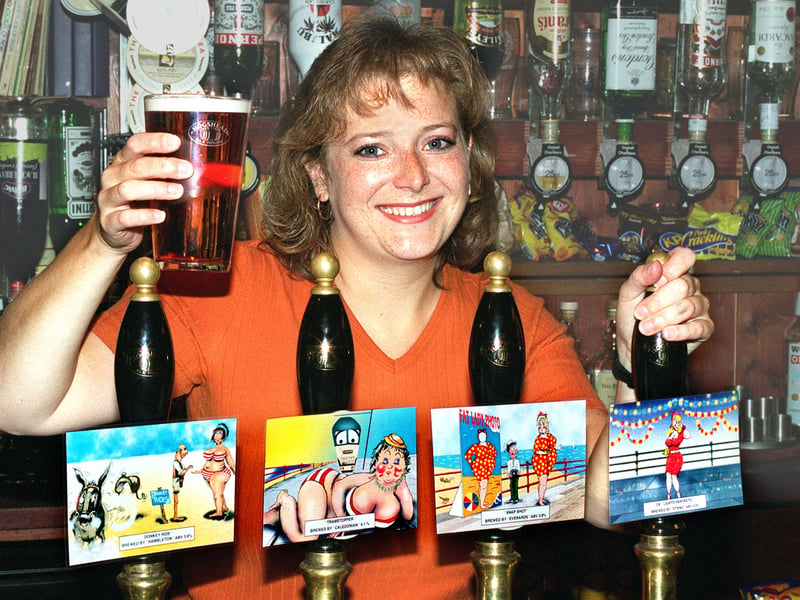 "Pump and Truncheon" landlady - Pauline Tiernan, with saucy seaside postcard pump clips
