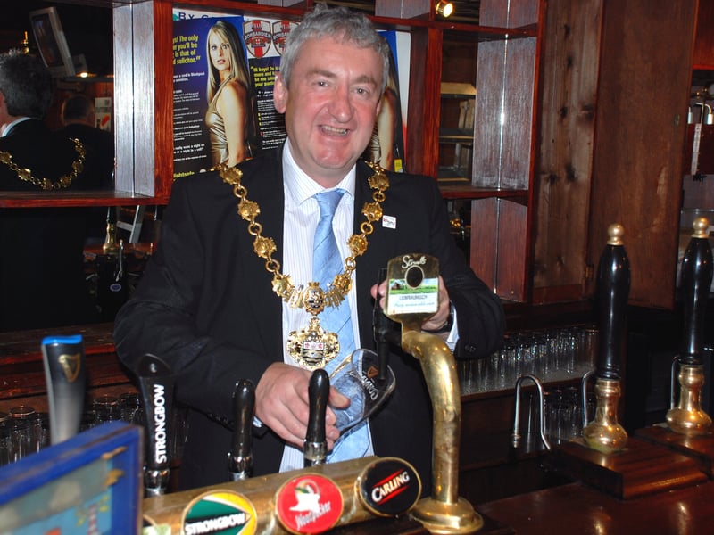 The Mayor of Blackpool Coun Robert Wynne behind the bar of the Pump and Truncheon